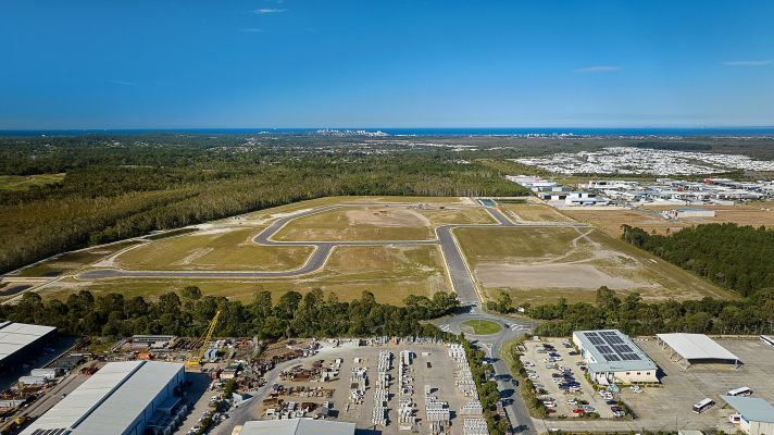 Aerial view of an industrial estate looking towards the ocean