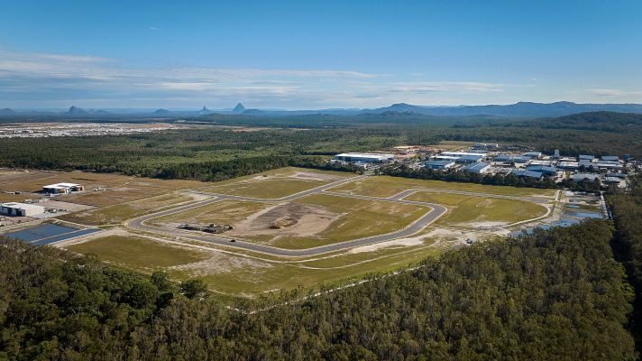 Aerial view of an industrial estate looking towards the Glasshouse Mountains