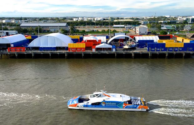 Aerial photo of Eat Street food markets on the Brisbane River shore